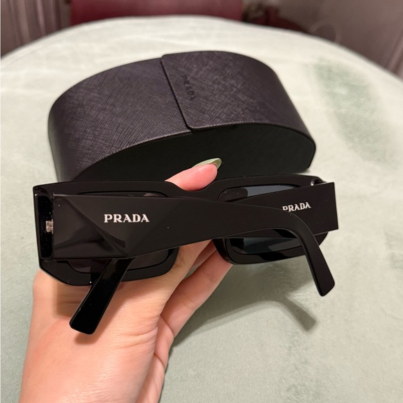 Prada Glossy Black Logo Rectangular Sunglasses - Picture 10 of 10